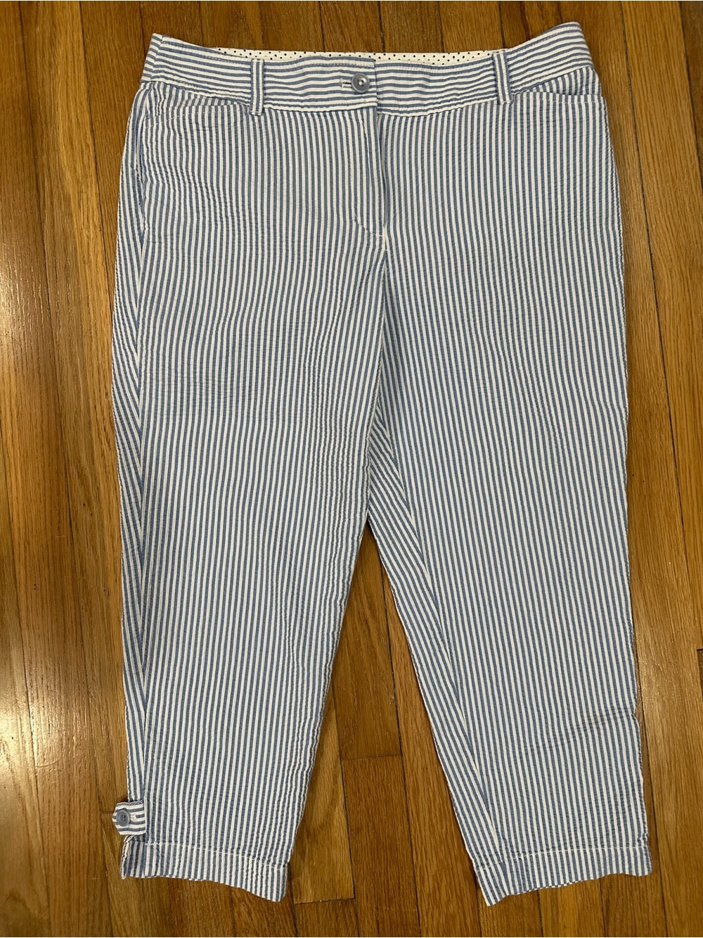 Talbots Pants Perfect Crop Pockets Button Ankle Blue White SZ. 10P